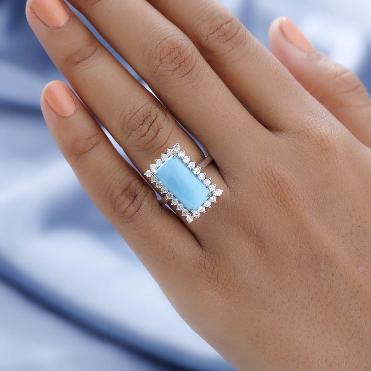 Doorbuster Premium American Natural Sleeping Beauty Turquoise and Moissanite Elongated Ring in Vermeil Yellow Gold Over Sterling Silver 5.15 ctw image number 2