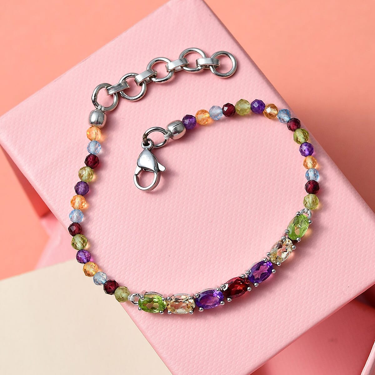 Karis Multi Gemstone Beaded Bracelet in Platinum Bond (6.50-8.00In) 9.65 ctw image number 1