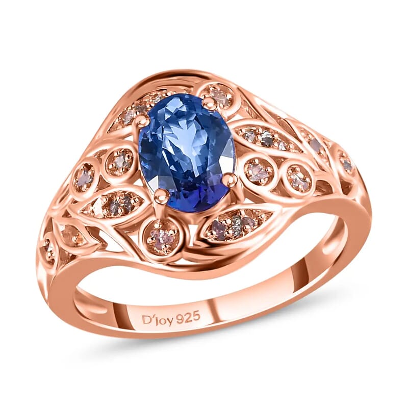 Tanzanite, Uncut Natural Pink Diamond 1.35 ctw Ring in Vermeil RG Over Sterling Silver,Floral Engagement Rings For Women (Size 10.0)