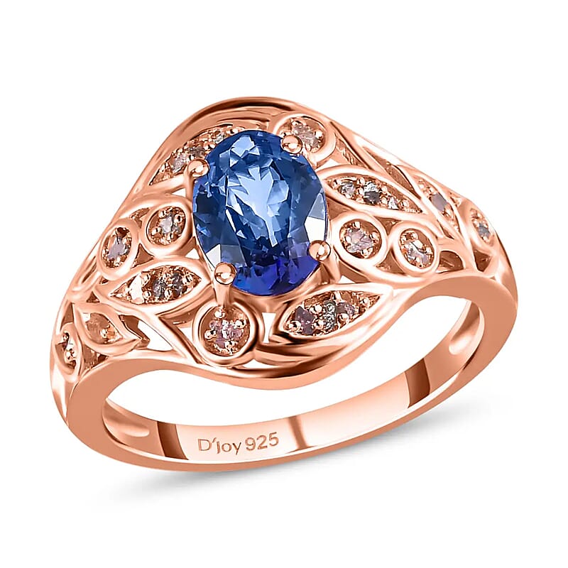 Tanzanite, Uncut Natural Pink Diamond 1.35 ctw Ring in Vermeil RG Over Sterling Silver,Floral Engagement Rings For Women (Size 10.0)