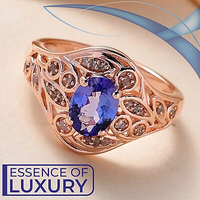 Tanzanite, Uncut Natural Pink Diamond 1.35 ctw Ring in Vermeil RG Over Sterling Silver,Floral Engagement Rings For Women (Size 10.0)