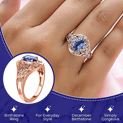 Tanzanite, Uncut Natural Pink Diamond 1.35 ctw Ring in Vermeil RG Over Sterling Silver,Floral Engagement Rings For Women (Size 10.0)