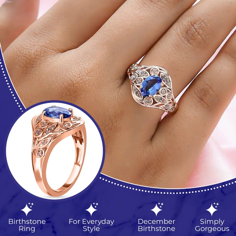 Tanzanite, Uncut Natural Pink Diamond 1.35 ctw Ring in Vermeil RG Over Sterling Silver,Floral Engagement Rings For Women (Size 10.0)