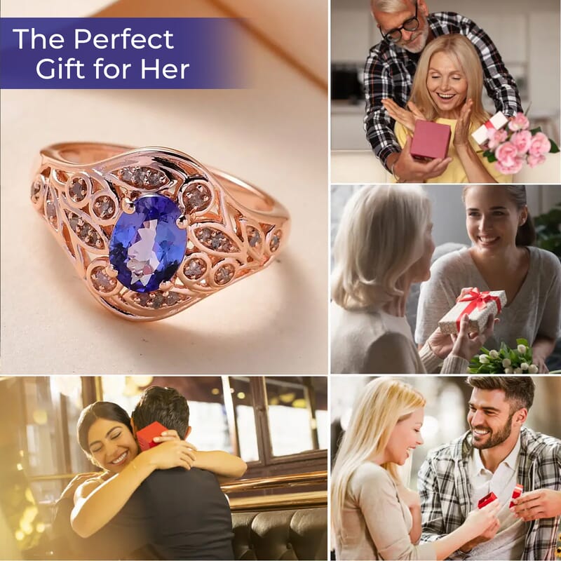Tanzanite, Uncut Natural Pink Diamond 1.35 ctw Ring in Vermeil RG Over Sterling Silver,Floral Engagement Rings For Women (Size 10.0)