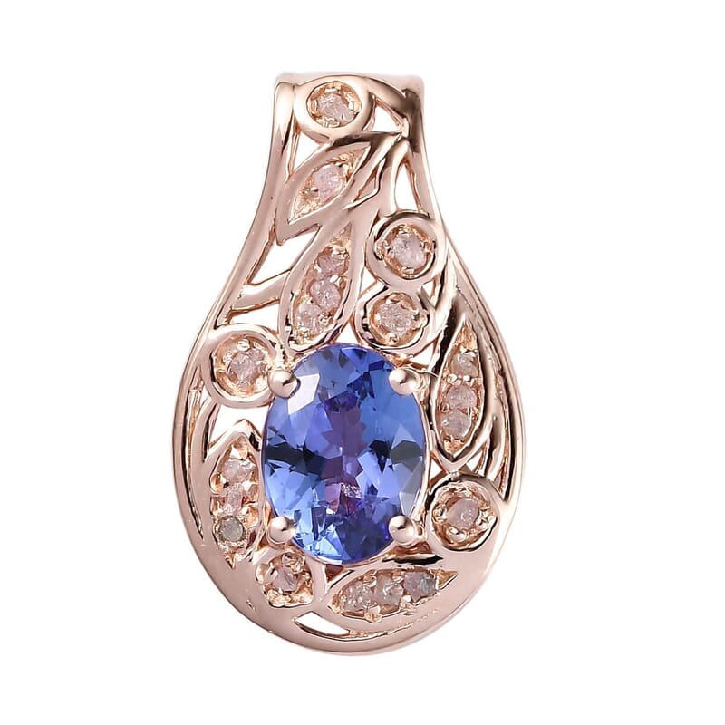 Tanzanite and Uncut Natural Pink Diamond Pendant in Vermeil Rose Gold Over Sterling Silver 1.40 ctw
