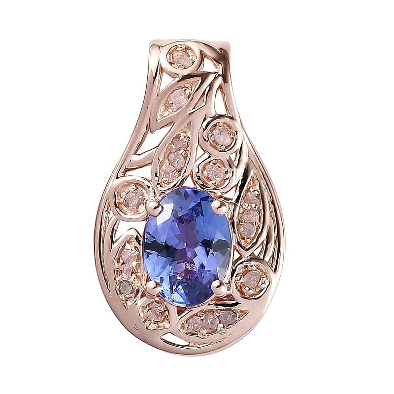 Tanzanite and Uncut Natural Pink Diamond Pendant in Vermeil Rose Gold Over Sterling Silver 1.40 ctw