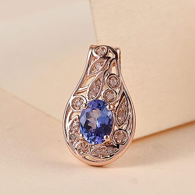 Tanzanite and Uncut Natural Pink Diamond Pendant in Vermeil Rose Gold Over Sterling Silver 1.40 ctw