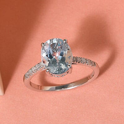 Premium Mangoro Aquamarine, Diamond Ring in Platinum Over Sterling Silver,Promise Rings For Her,Silver Fancy Ring 2.35 ctw (Size 10.0)