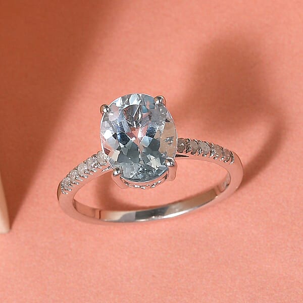 Premium Mangoro Aquamarine, Diamond Ring in Platinum Over Sterling Silver,Promise Rings For Her,Silver Fancy Ring 2.35 ctw (Size 10.0)