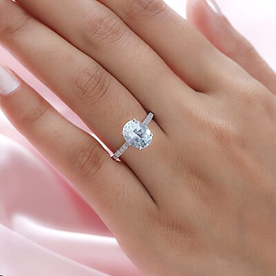 Premium Mangoro Aquamarine, Diamond Ring in Platinum Over Sterling Silver,Promise Rings For Her,Silver Fancy Ring 2.35 ctw (Size 10.0)