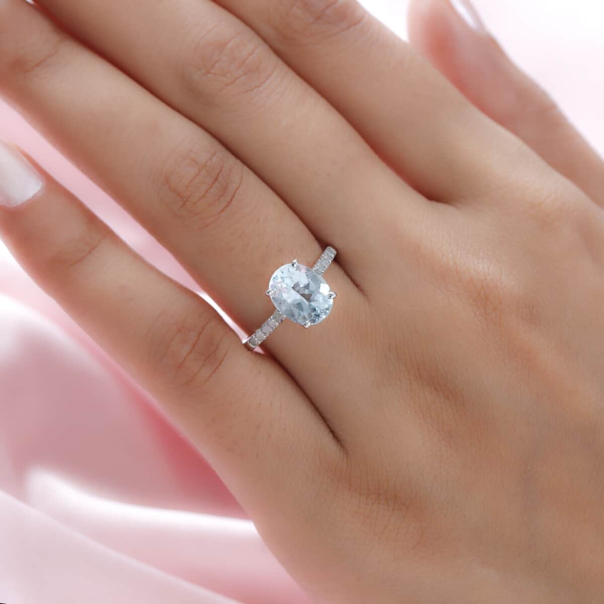 Premium Mangoro Aquamarine, Diamond Ring in Platinum Over Sterling Silver,Promise Rings For Her,Silver Fancy Ring 2.35 ctw (Size 10.0) image number 2