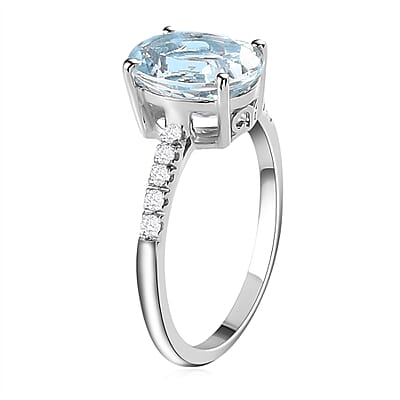 Premium Mangoro Aquamarine, Diamond Ring in Platinum Over Sterling Silver,Promise Rings For Her,Silver Fancy Ring 2.35 ctw (Size 10.0)