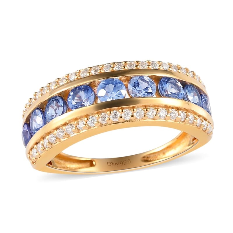 Blue Ceylon Sapphire and Moissanite Half Eternity Band Ring in Vermeil Yellow Gold Over Sterling Silver (Size 10.0) 1.40 ctw