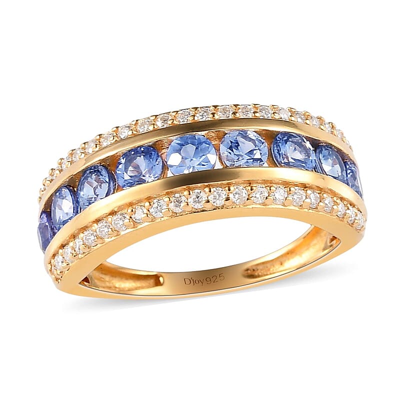 Blue Ceylon Sapphire and Moissanite Half Eternity Band Ring in Vermeil Yellow Gold Over Sterling Silver (Size 10.0) 1.40 ctw