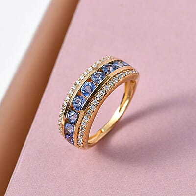 Blue Ceylon Sapphire and Moissanite Half Eternity Band Ring in Vermeil Yellow Gold Over Sterling Silver (Size 10.0) 1.40 ctw