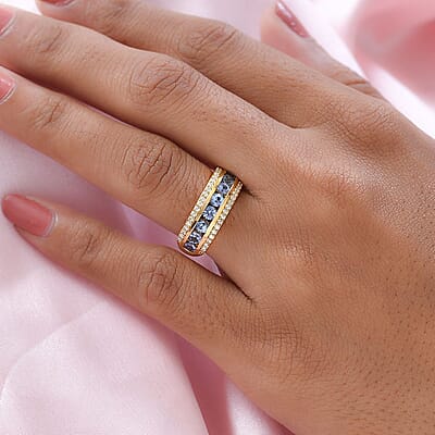 Blue Ceylon Sapphire and Moissanite Half Eternity Band Ring in Vermeil Yellow Gold Over Sterling Silver (Size 10.0) 1.40 ctw