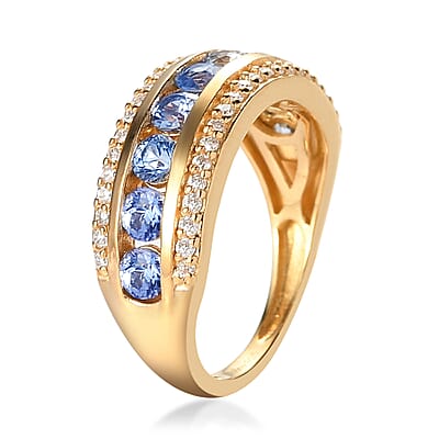 Blue Ceylon Sapphire and Moissanite Half Eternity Band Ring in Vermeil Yellow Gold Over Sterling Silver (Size 10.0) 1.40 ctw