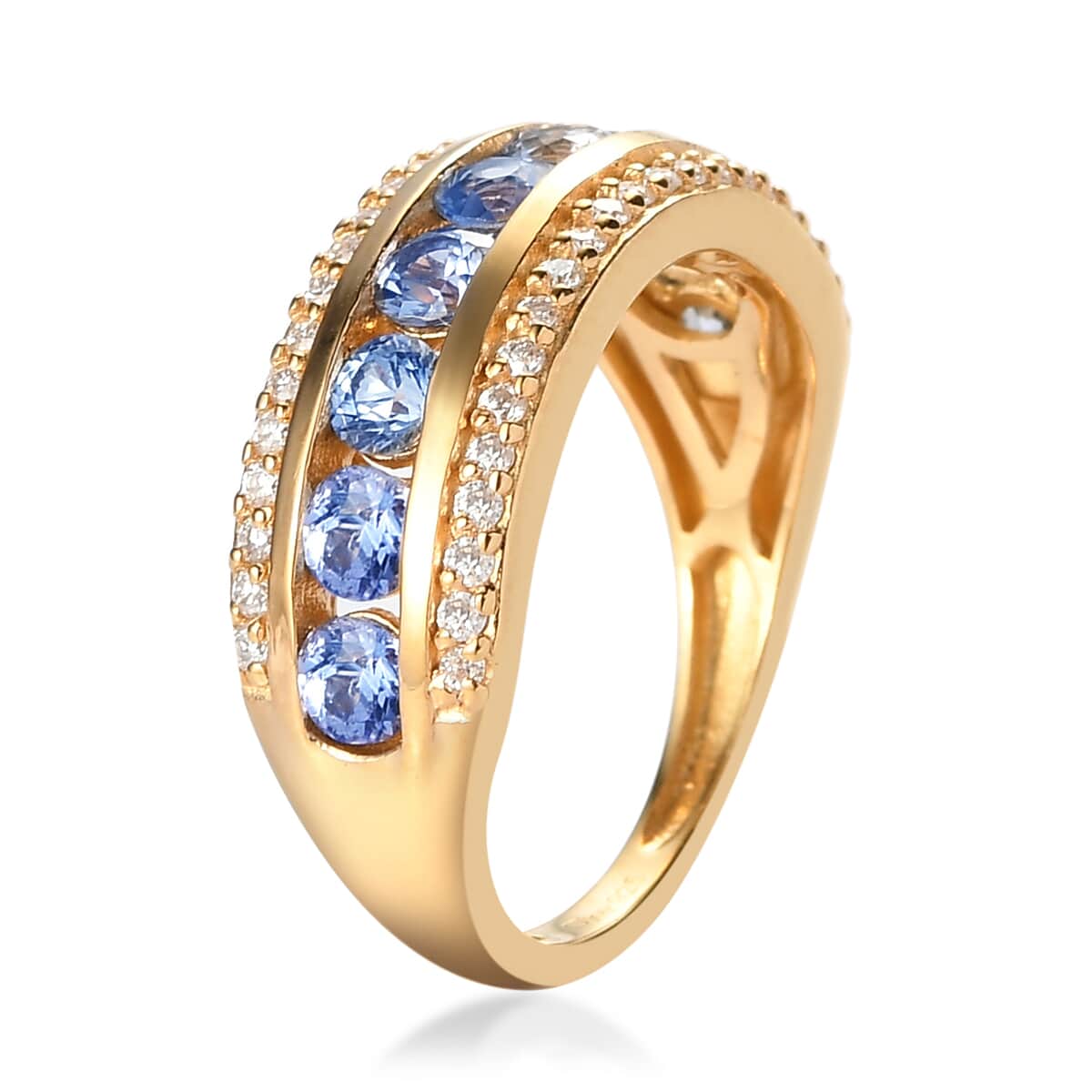 Blue Ceylon Sapphire and Moissanite Half Eternity Band Ring in Vermeil Yellow Gold Over Sterling Silver (Size 7.0) 1.40 ctw image number 3