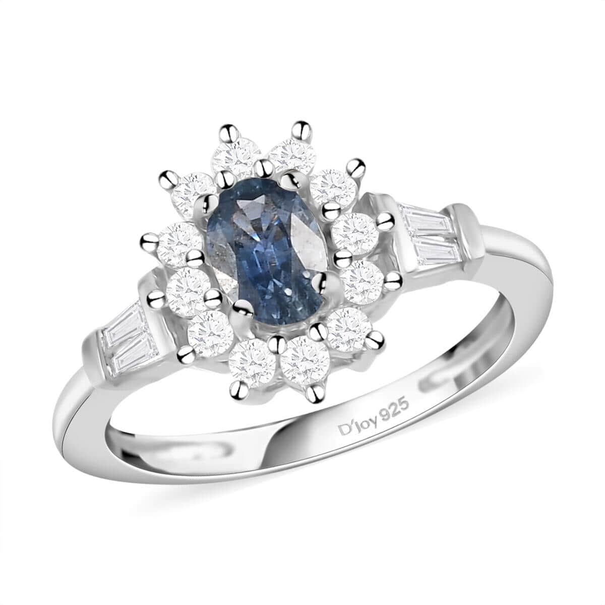 Blue Ceylon Sapphire, Natural White Zircon Sunburst Ring in Platinum Over Sterling Silver (Size 10.0) 1.15 ctw image number 0