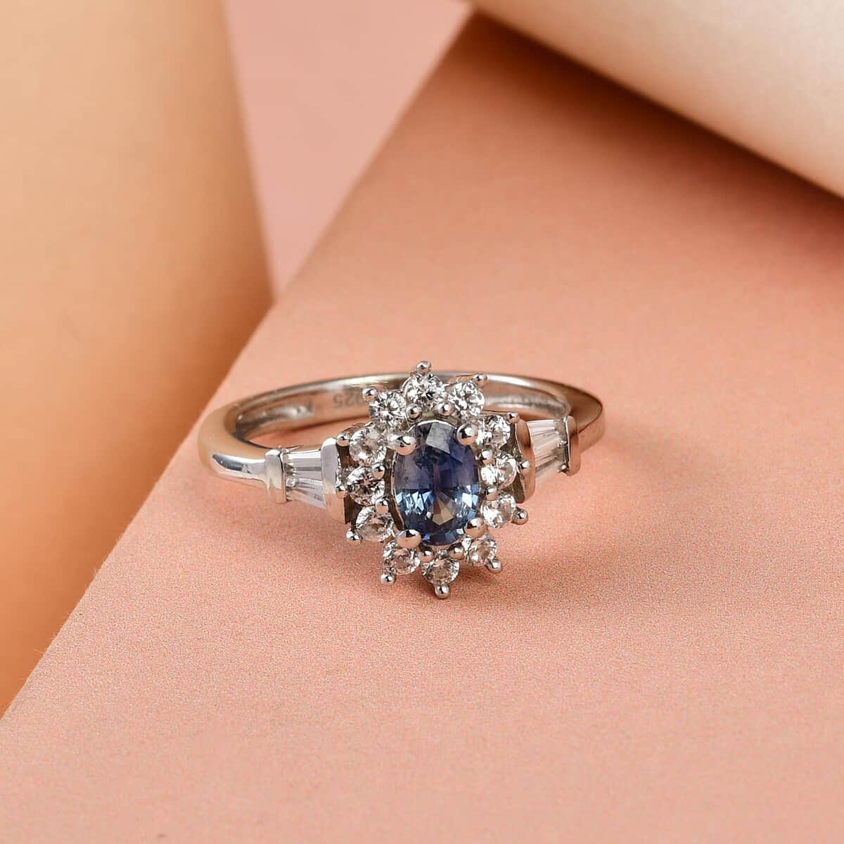 Blue Ceylon Sapphire, Natural White Zircon Sunburst Ring in Platinum Over Sterling Silver (Size 10.0) 1.15 ctw image number 1