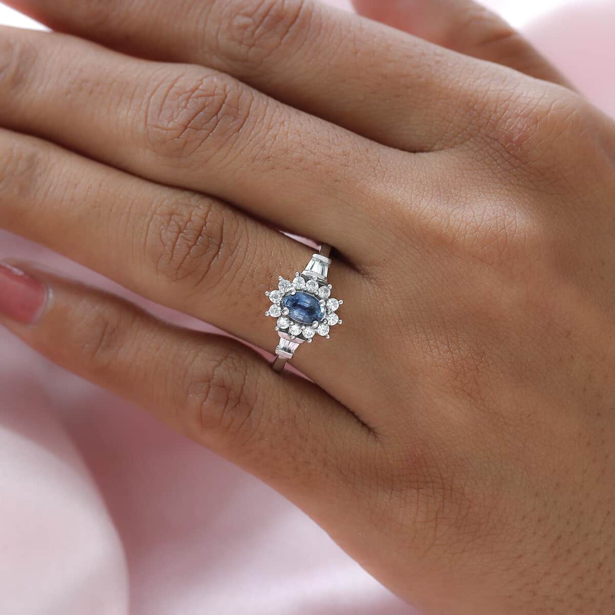Blue Ceylon Sapphire, Natural White Zircon Sunburst Ring in Platinum Over Sterling Silver (Size 10.0) 1.15 ctw image number 2