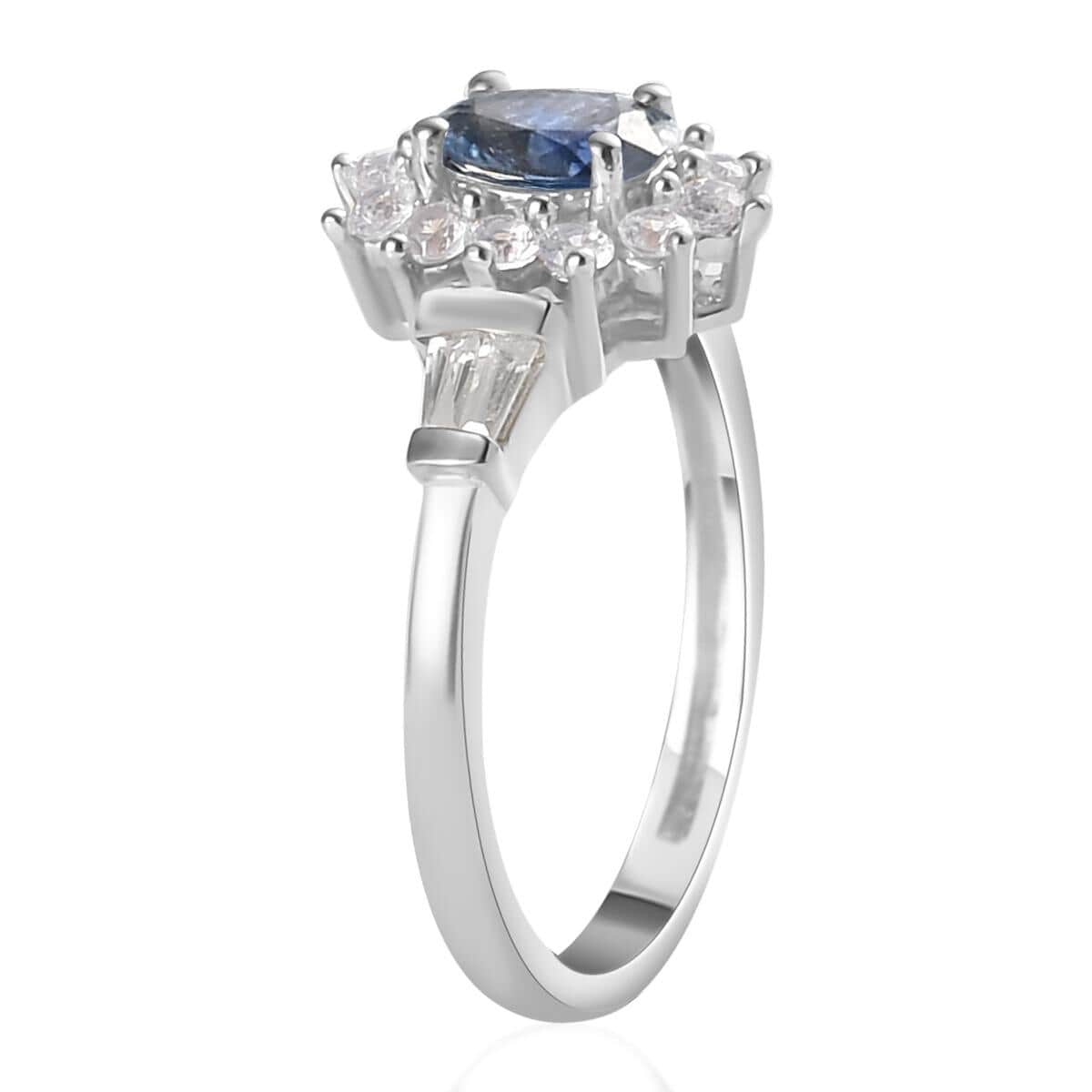 Blue Ceylon Sapphire, Natural White Zircon Sunburst Ring in Platinum Over Sterling Silver (Size 10.0) 1.15 ctw image number 3