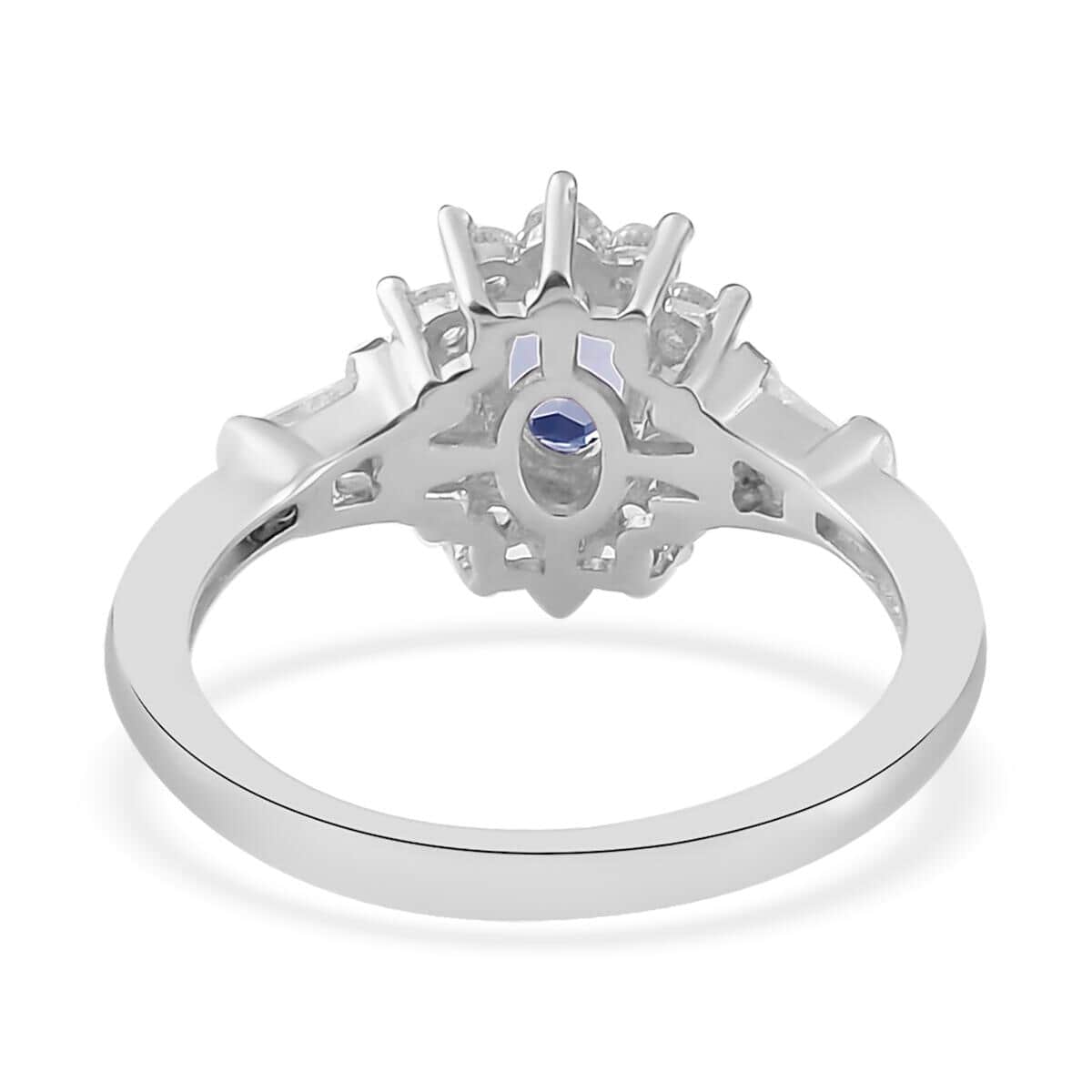 Blue Ceylon Sapphire, Natural White Zircon Sunburst Ring in Platinum Over Sterling Silver (Size 10.0) 1.15 ctw image number 4