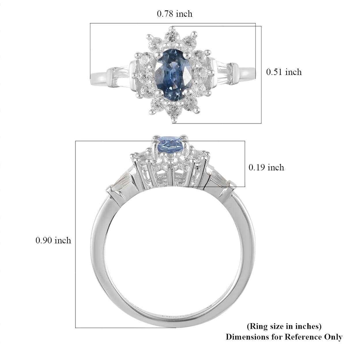 Blue Ceylon Sapphire and Natural White Zircon Sunburst Ring in Platinum Over Sterling Silver (Size 10.0) 1.15 ctw image number 5