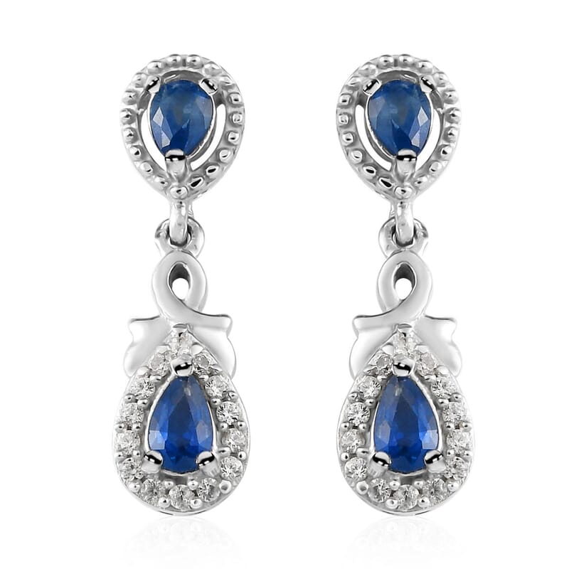 Blue Ceylon Sapphire and White Zircon Dangle Earrings in Platinum Over Sterling Silver 1.15 ctw