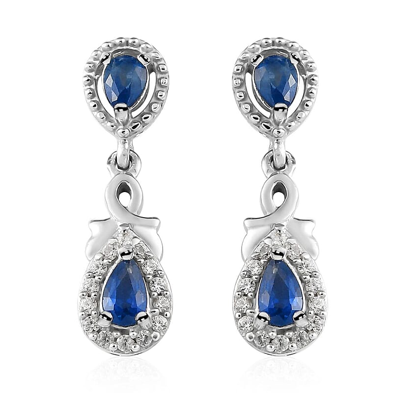 Blue Ceylon Sapphire and White Zircon Dangle Earrings in Platinum Over Sterling Silver 1.15 ctw