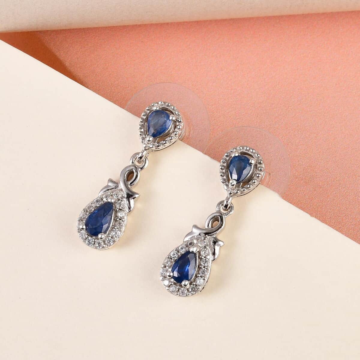 Blue Ceylon Sapphire and White Zircon Dangle Earrings in Platinum Over Sterling Silver 1.15 ctw image number 1