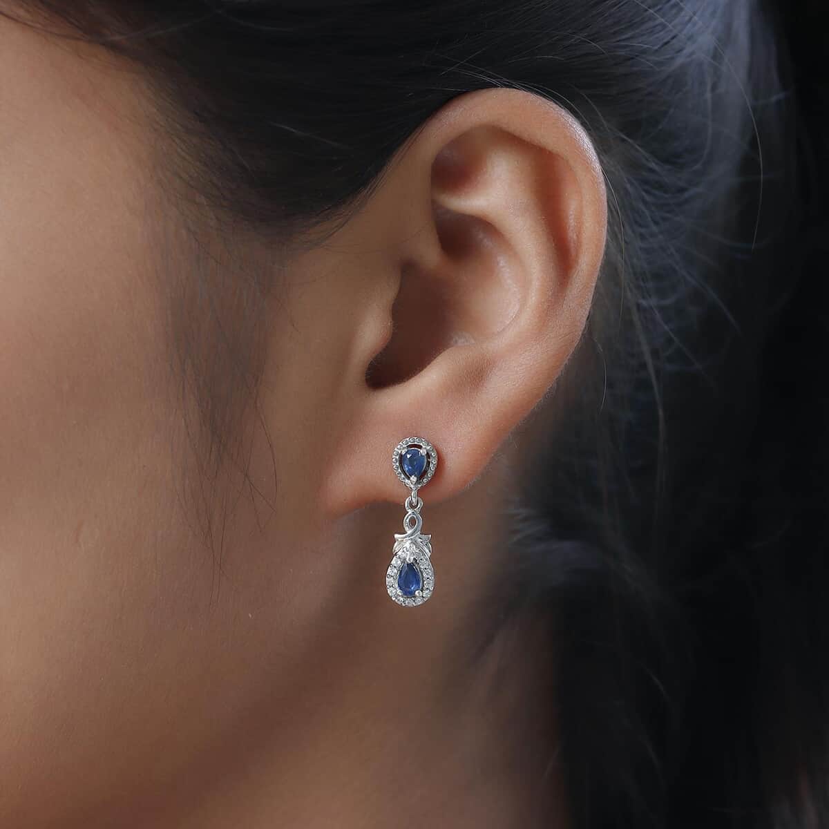 Blue Ceylon Sapphire and White Zircon Dangle Earrings in Platinum Over Sterling Silver 1.15 ctw image number 2