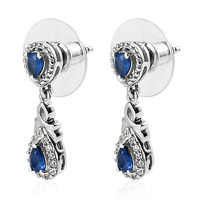 Blue Ceylon Sapphire and White Zircon Dangle Earrings in Platinum Over Sterling Silver 1.15 ctw