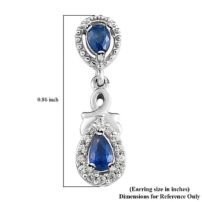 Blue Ceylon Sapphire and White Zircon Dangle Earrings in Platinum Over Sterling Silver 1.15 ctw