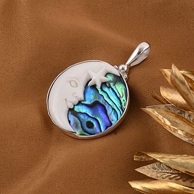 Sajen Silver Carved Bone and Abalone Shell Crescent Moon Pendant in Sterling Silver