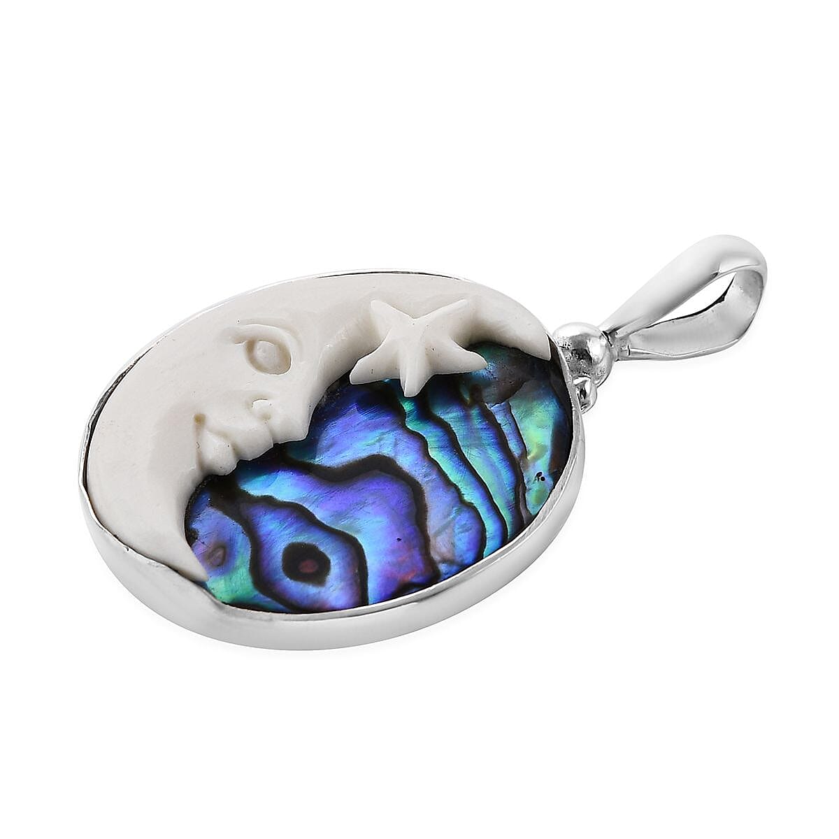 Sajen Silver Carved Bone and Abalone Shell Crescent Moon Pendant in Sterling Silver image number 3