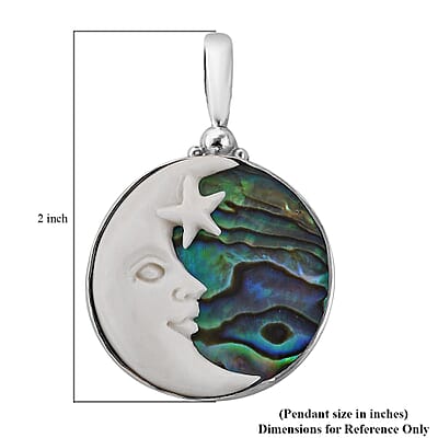 Sajen Silver Carved Bone and Abalone Shell Crescent Moon Pendant in Sterling Silver