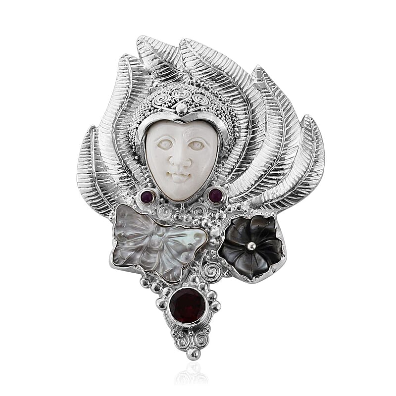 Sajen Silver Carved Bone and Multi Gemstone 1.75 ctw Pendant without Chain or Brooch in Sterling Silver