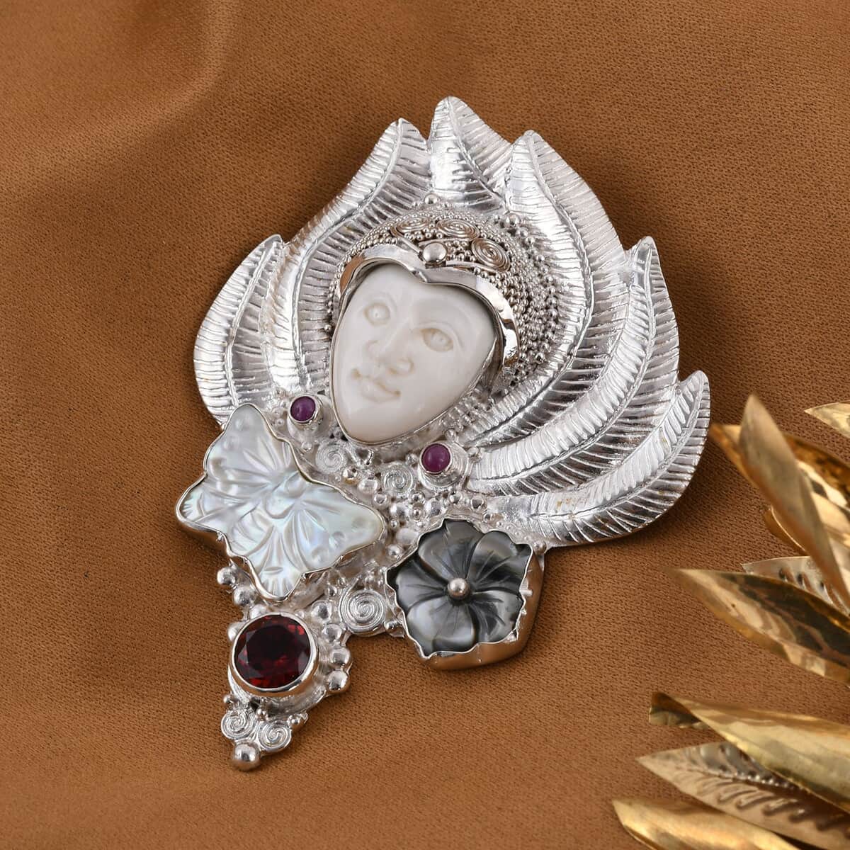 Sajen Silver Carved Bone and Multi Gemstone 1.75 ctw Pendant or Brooch in Sterling Silver image number 1