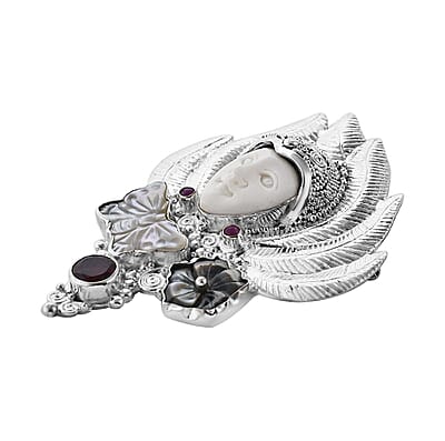 Sajen Silver Carved Bone and Multi Gemstone 1.75 ctw Pendant without Chain or Brooch in Sterling Silver