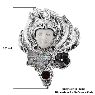 Sajen Silver Carved Bone and Multi Gemstone 1.75 ctw Pendant without Chain or Brooch in Sterling Silver