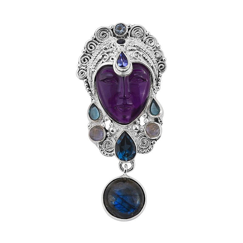 Sajen Silver Amethyst and Multi Gemstone Pendant or Brooch in Sterling Silver 14.35 ctw