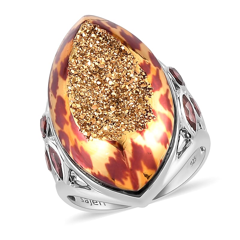 Sajen Silver Window Drusy Astral Leopard Gold and Mozambique Garnet Ring in Platinum Over Sterling Silver (Size 10.0) 17.15 ctw