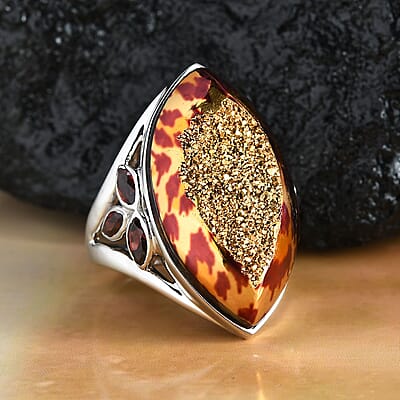 Sajen Silver Window Drusy Astral Leopard Gold and Mozambique Garnet Ring in Platinum Over Sterling Silver (Size 10.0) 17.15 ctw