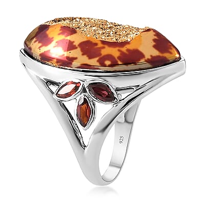 Sajen Silver Window Drusy Astral Leopard Gold and Mozambique Garnet Ring in Platinum Over Sterling Silver (Size 10.0) 17.15 ctw