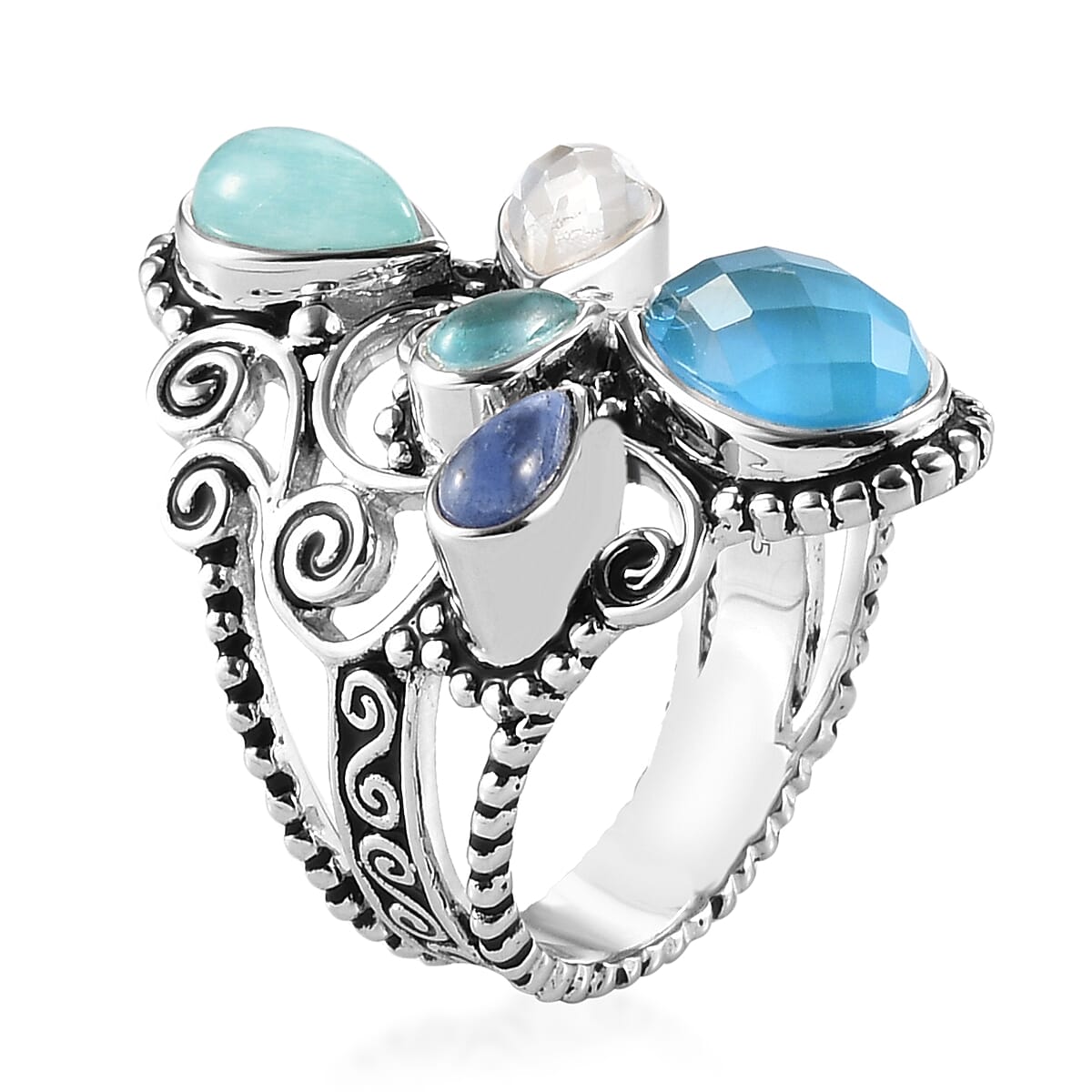 SAJEN SILVER Quartz Doublet Celestial Mop Scuba and Multi Gemstone Ring in Platinum Over Sterling Silver 7.30 Grams 3.50 ctw image number 3