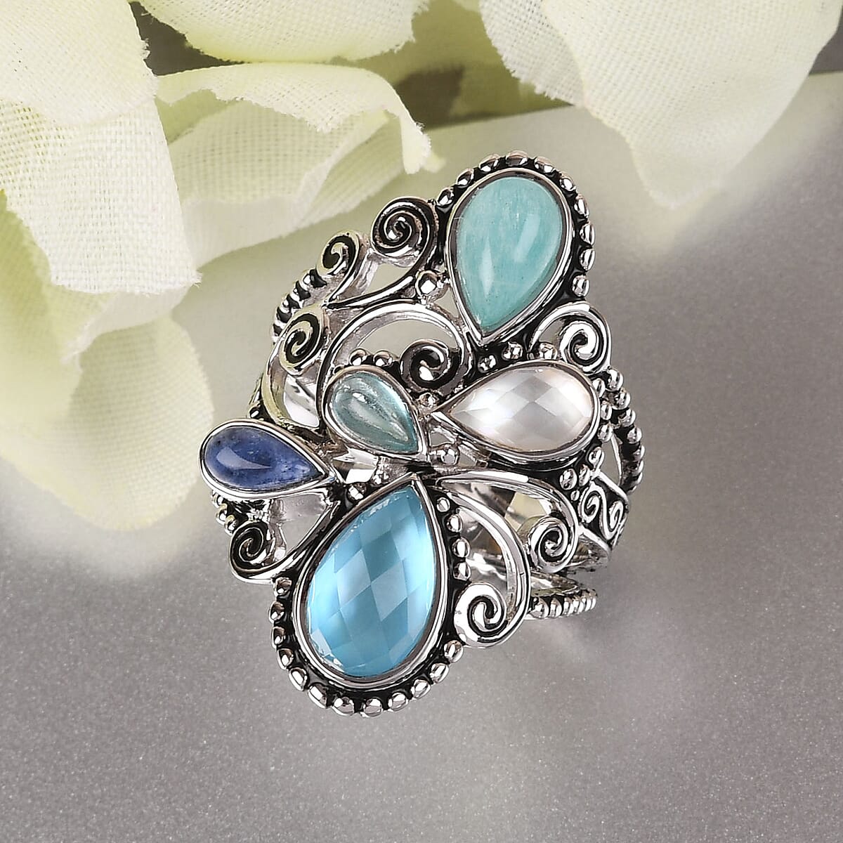 Sajen Silver Quartz Doublet Celestial Mop Scuba and Multi Gemstone Ring in Platinum Over Sterling Silver (Size 9.0) 7.30 Grams 3.50 ctw image number 1