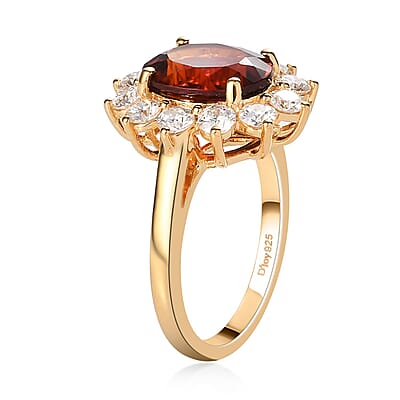 Brazilian Cherry Citrine and Moissanite Sunburst Ring in Vermeil Yellow Gold Over Sterling Silver (Size 10.0) 4.35 ctw