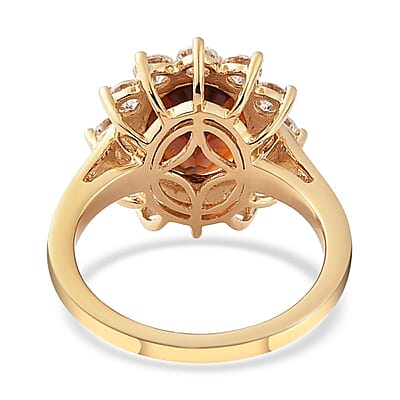 Brazilian Cherry Citrine and Moissanite Sunburst Ring in Vermeil Yellow Gold Over Sterling Silver (Size 10.0) 4.35 ctw