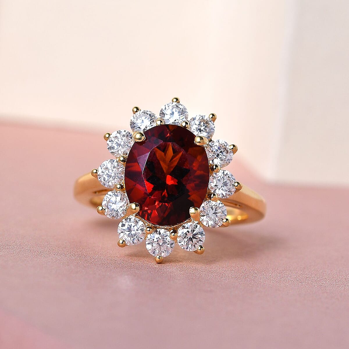 Brazilian Cherry Citrine and Moissanite Sunburst Ring in Vermeil Yellow Gold Over Sterling Silver (Size 6.0) 4.35 ctw image number 1